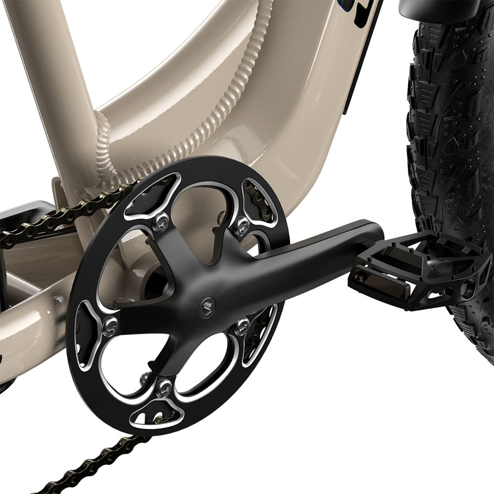 Shengmilo S700 2000W Dual Motor Electric Bike pedal and chain close-up with fat tire and beige frame