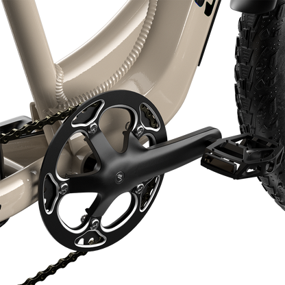 Shengmilo S700 2000W Dual Motor Electric Bike pedal and chain close-up with fat tire and beige frame