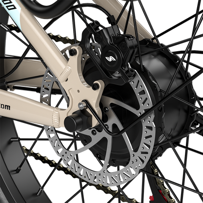 Close-up of Shengmilo S700 electric bike rear hydraulic brake system and fat tire with 2000W dual motor