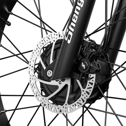 Close-up of Shengmilo S700 2000W Dual Motor electric bike front hydraulic brake system with disc rotor and black fork