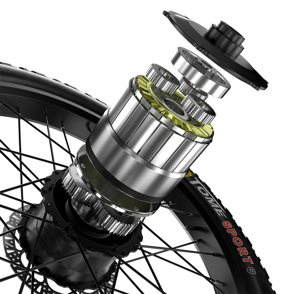 Close-up of Shengmilo S700 2000W Dual Motor electric bike hub showing gear mechanism and spokes