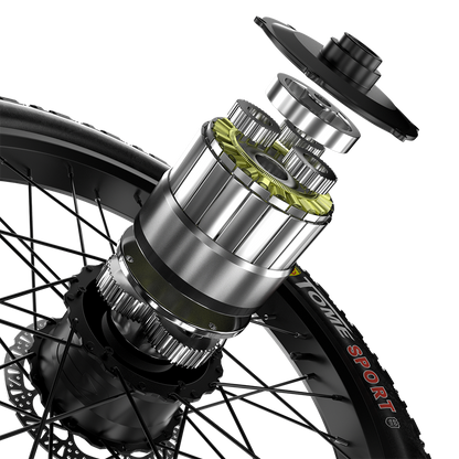 Close-up of Shengmilo S700 2000W Dual Motor electric bike hub showing gear mechanism and spokes