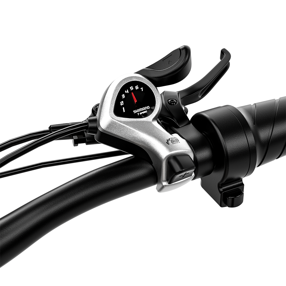 Shengmilo S700 2000W Dual Motor Electric Bike Shimano 7 Speed gear shifter close-up on handlebar