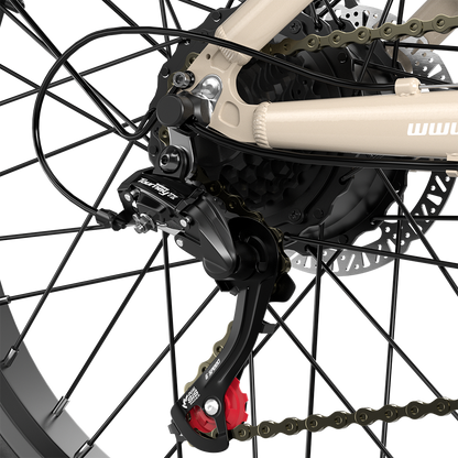 Close-up of Shengmilo S700 2000W Dual Motor electric bike Shimano 7 Speed gear system with chain and rear wheel
