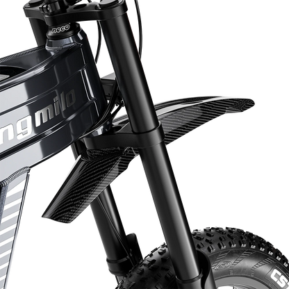 Close-up of Shengmilo S900 Electric Bicycle front fork suspension with 4.0 tyre and hydraulic oil brake mountain electric bike