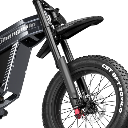 Shengmilo S900 Electric Bicycle front wheel and suspension showing 4.0 tyre and hydraulic oil brake
