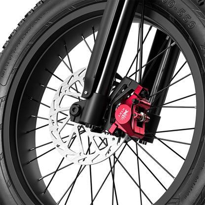 Close-up of Shengmilo S900 electric bicycle hydraulic oil brake and 4.0 tyre with front fork suspension