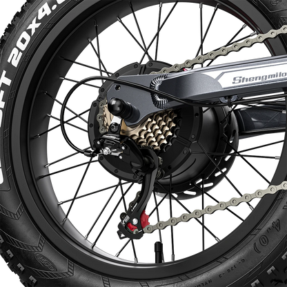 Close-up of Shengmilo S900 electric bicycle rear wheel with 1500W motor and 4.0 tyre for mountain electric bike